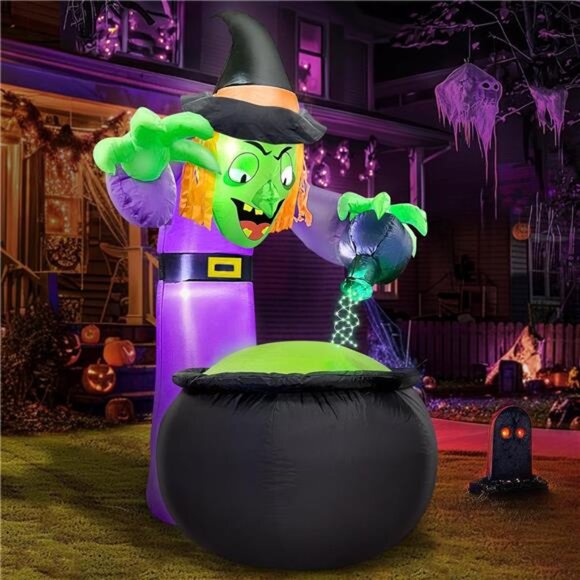 5 Ft Halloween Inflatable Witch with Cauldron and Green LED String Light - Picture 1 of 6